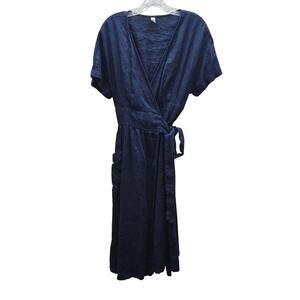 Grae Cove Women's 100% Linen Wrap Midi Dress Vacation Summer Navy Blue SZ Medium